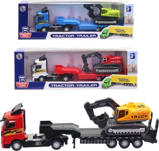 Cap tractor metalic cu remorcă joasă și excavator 26 cm