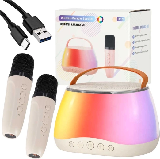 Set karaoke cu difuzor Bluetooth, LED RGB și două microfoane fără fir