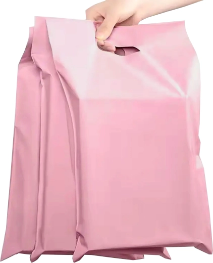 Plicuri poștale roz din plastic cu mâner 400 × 500 + 70 mm, 50 buc