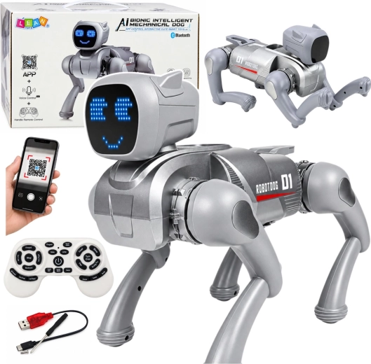 Câine robot interactiv AI cu telecomandă și afișaj LED argintiu