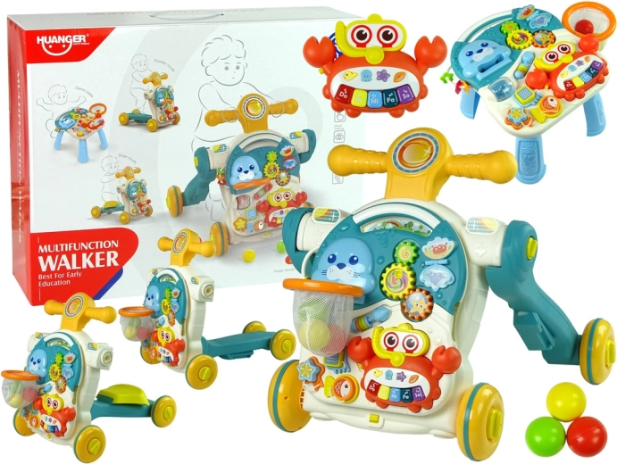 Premergător împingător 4în1 cu măsuță educațională, împingător și trotinetă – albastru