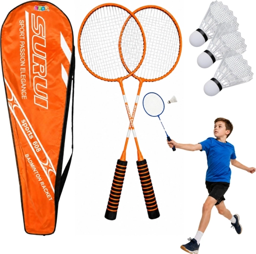 Set de badminton cu 2 rachete, 3 fluturași și husă, portocaliu