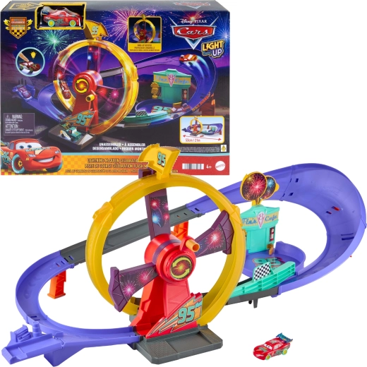 Mattel Disney Pixar Cars Pista de curse „Sărbătoarea de plecare” cu Fulger McQueen luminos