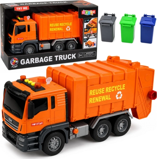 Camion de gunoi pentru copii cu lumini și sunete și 3 pubele, portocaliu