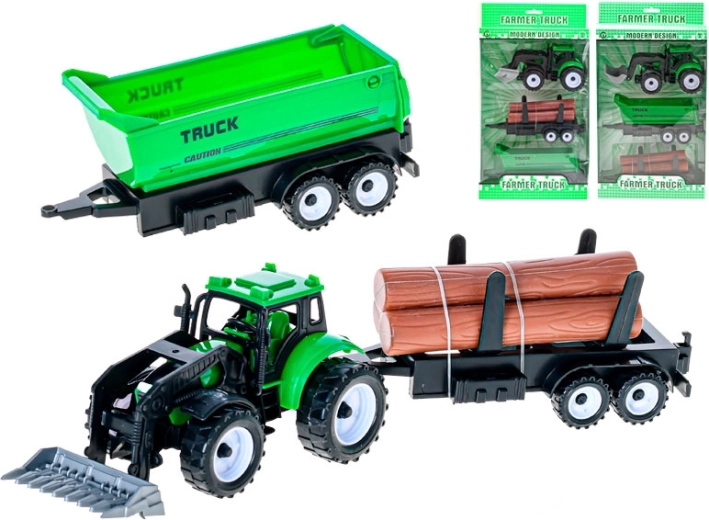 Tractor verde cu încărcător frontal și 2 remorci interschimbabile cu mecanism de inerție