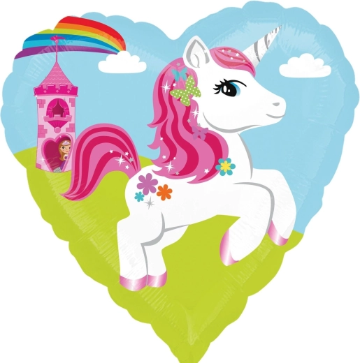 Balon din folie în formă de inimă cu motiv de unicorn și castel - 1 bucată