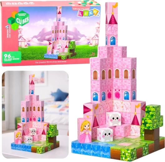 Set de construcție magnetică pixeli – cuburi castel pentru prințese, 96 piese