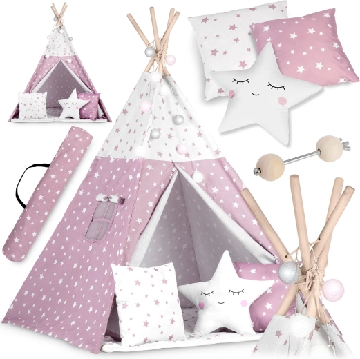 Teepee pentru copii cu luminițe NUKIDO – roz cu steluțe