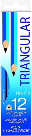 Creioane grafit CONCORDE triunghiulare cu gumă, HB, 12 buc.