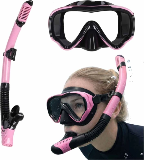 Set roz‑negru pentru snorkeling cu mască panoramică și tub uscat