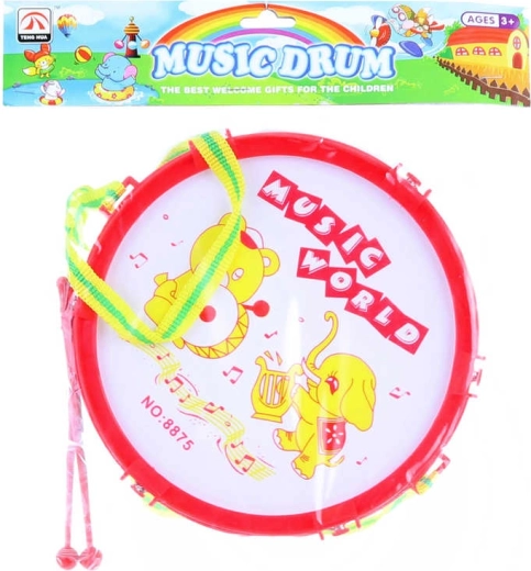 Tobă pentru copii cu animăluțe 19 cm, cu 2 bețe