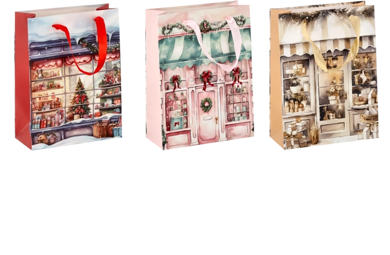 Pungă cadou de Crăciun cu motiv căsuță 18 × 24 × 8 cm