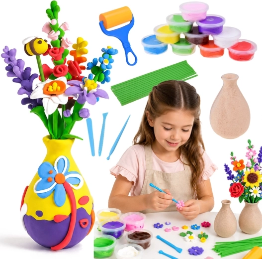 Set creativ DIY pentru realizarea florilor din pastă ușoară cu uscare la aer, cu vază (28 de piese)