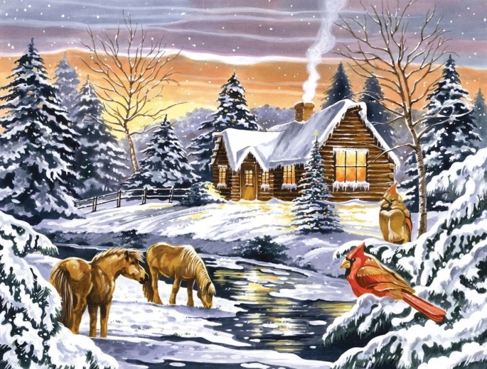 Norimpex Pictură pe numere Casă de iarnă lângă pârâu 40 × 50 cm