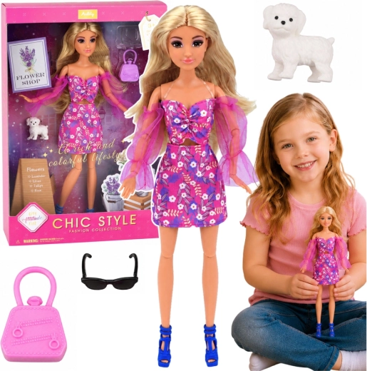 Păpușa fashion Anlily în rochie roz, cu cățeluș și accesorii, 30 cm
