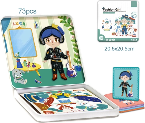 Puzzle de îmbrăcat fetiță – modelă în cutie metalică