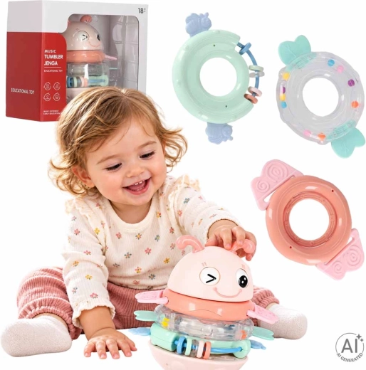 Puzzle senzorială în formă de albinuță, cu jucărie zornăitoare și jucării de dentiție