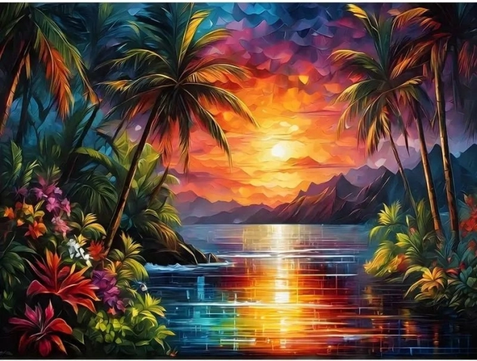 Pictură cu diamante – apus în paradisul tropical 30 × 40 cm