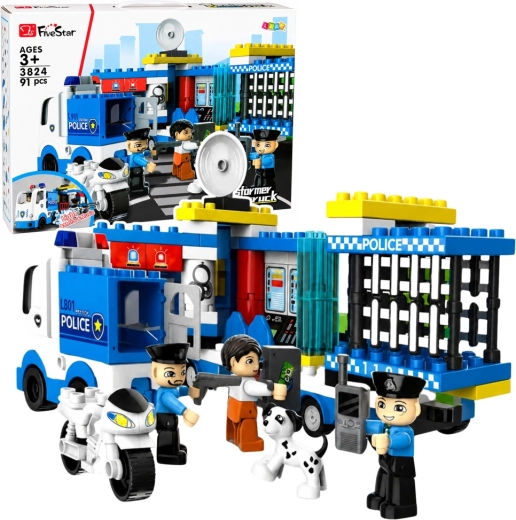 Set de construcție poliție – secție de poliție cu camion și motocicletă, 91 de piese