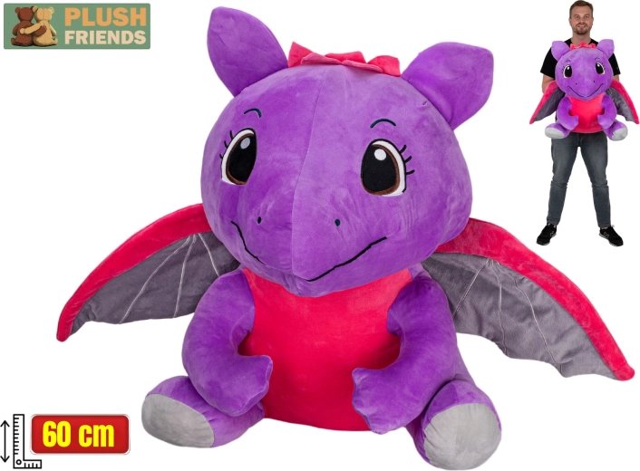 Plush Friends dragon de pluș mov 60 cm, în poziție șezând