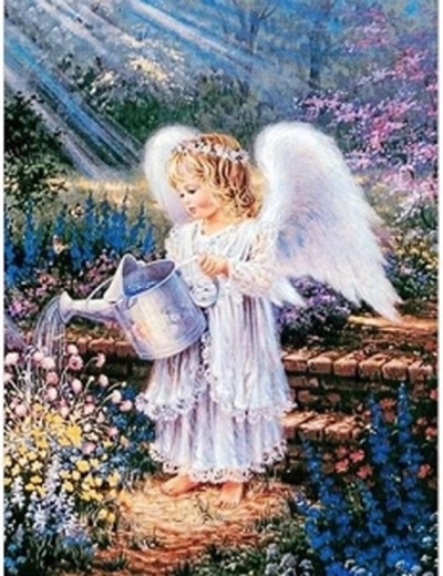 Pictură cu diamante Înger cu stropitoare în grădină 30 × 40 cm