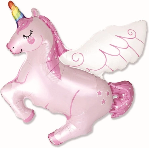 Balon din folie unicorn cu corn curcubeu, roz