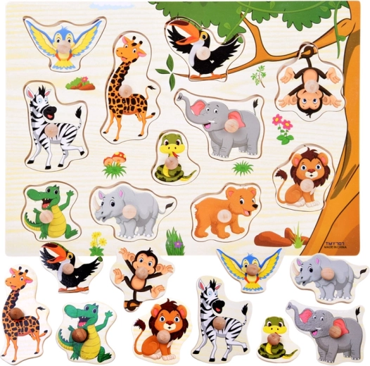 Puzzle din lemn de tip încastrare cu motiv de junglă, cu mânere, 11 piese