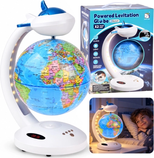 Glob levitant 4în1 cu rotație 360° (lampă LED, difuzor Bluetooth, ceas)