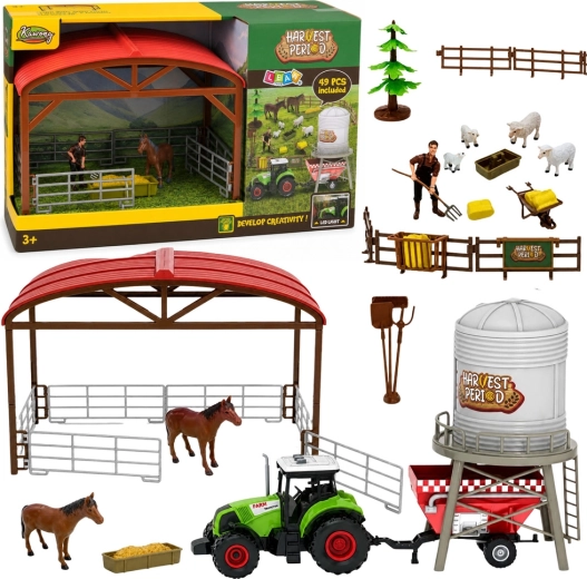 Fermă cu tractor, grajd și siloz – set de joacă 49 piese cu LED și sunet
