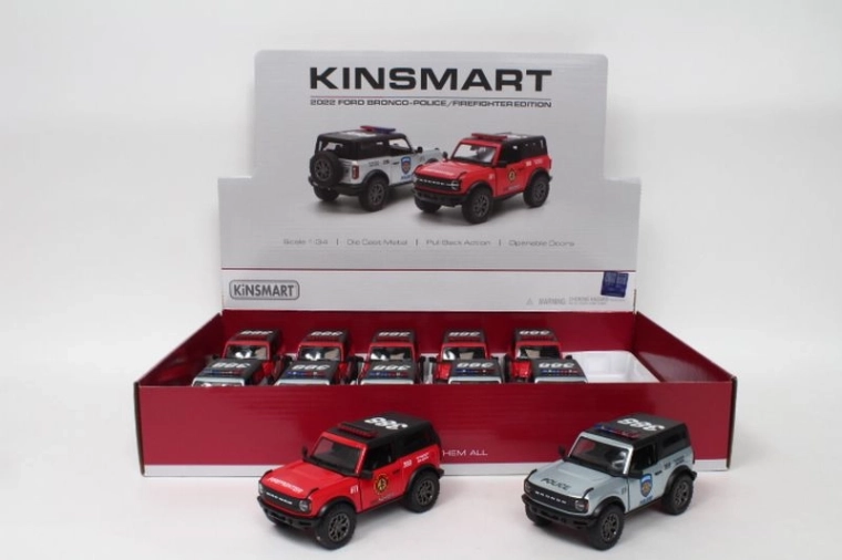 Ford Bronco mașină de poliție sau de pompieri 1:34 cu uși care se deschid și mecanism pull-back