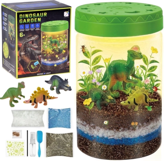 Grădină de dinozauri iluminată 3în1 – terariu DIY, lampă și cultivarea plantelor