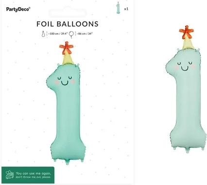 Balon din folie în formă de cifra 1, verde mentă, cu față, 86 cm