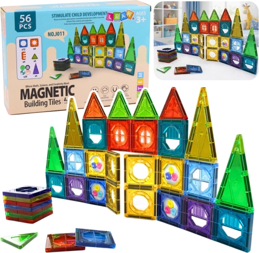 Set de construcție magnetică 3D cu ferestre, panouri colorate, 56 piese