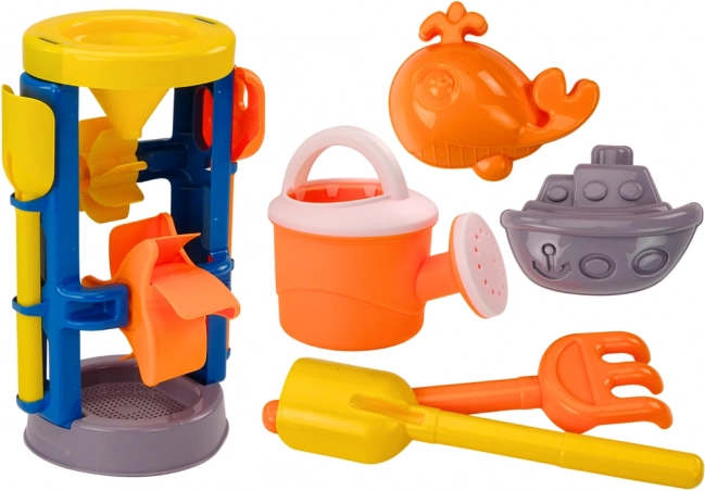 Set mare pentru nisip cu moară, lopățică, greble, stropitoare și forme