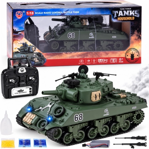 Tanc telecomandat Sherman M4A3, 2,4 GHz, cu tragere, fum și sunet, 36 cm