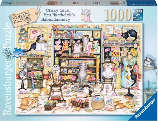 Puzzle RAVENSBURGER Crazy Cats – joaca pisicilor în mercerie, 1000 piese
