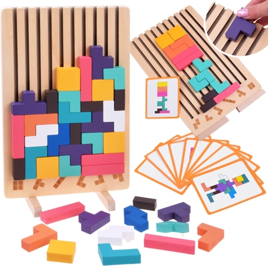Puzzle logic din lemn tip Tetris cu piese colorate