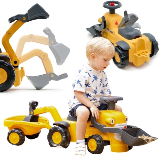 Vehicul de împins FALK KOMATSU cu cupă frontală, excavator spate și remorcă