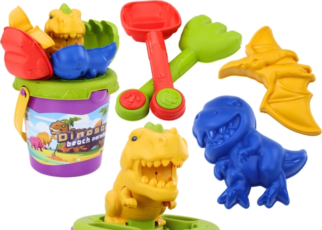 Set pentru nisip cu forme de dinozauri – găletușă, lopățică și greblă
