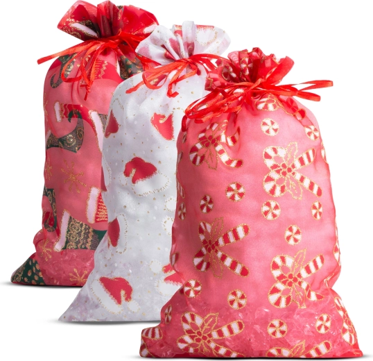 Săculeți cadou din organza cu motiv de Crăciun, 20 × 30 cm, 12 bucăți