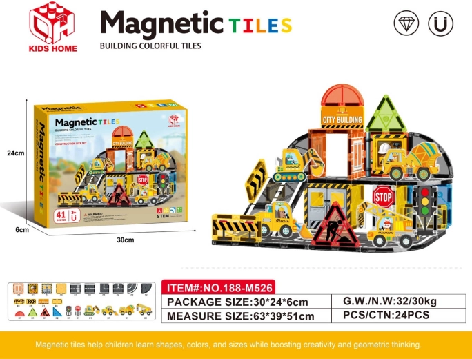Set de construcție magnetic cu tematică de șantier, 41 de piese