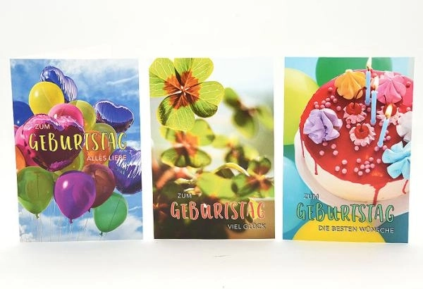 Felicitări aniversare colorate - 100 bucăți, 3 motive