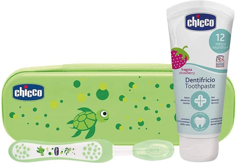 Set Chicco periuță de dinți și pastă cu fluor în husă Always Smiling, verde, 12m+