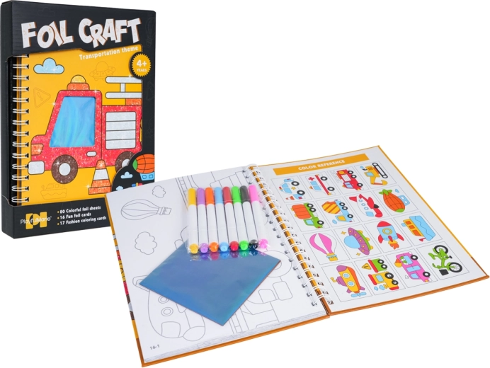 Set creativ 2 în 1 – colorat și imagini cu folie cu vehicule