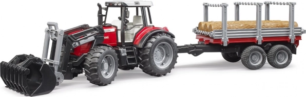 BRUDER tractor MASSEY FERGUSON 7480 cu încărcător frontal și remorcă pentru bușteni
