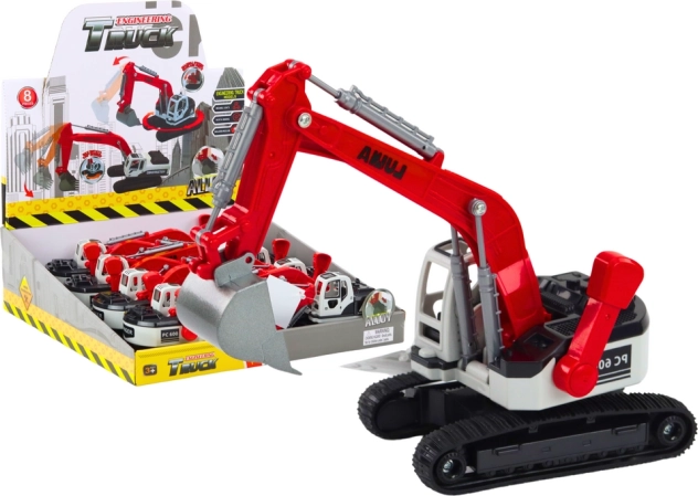 Excavator cu șenile metalice roșu-alb cu lopată