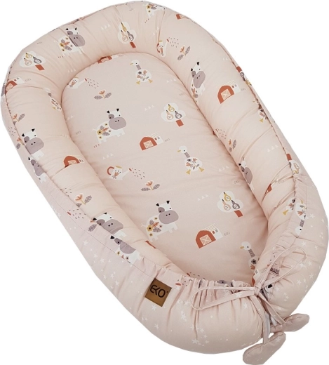 Cuib dublu-față din bumbac Eko pentru bebeluș My Farm Stars Powder Pink 90 × 60 cm