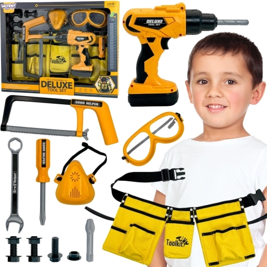 Set de unelte pentru copii WOOPIE Little Handyman cu centură, ochelari și bormașină, 16 piese