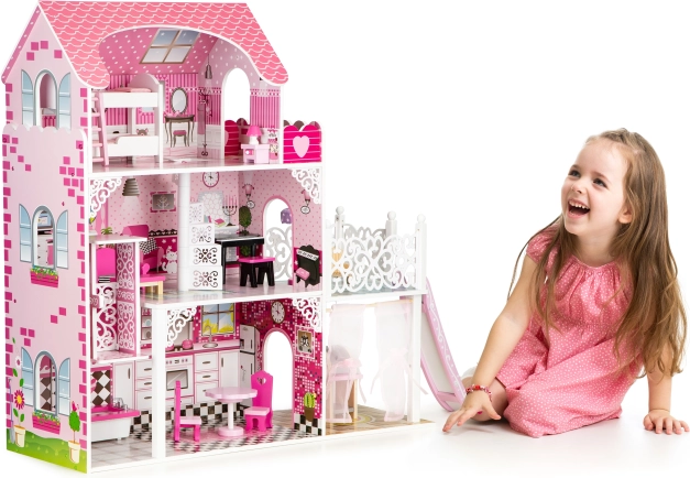 Căsuță de lemn pentru păpuși cu tobogan