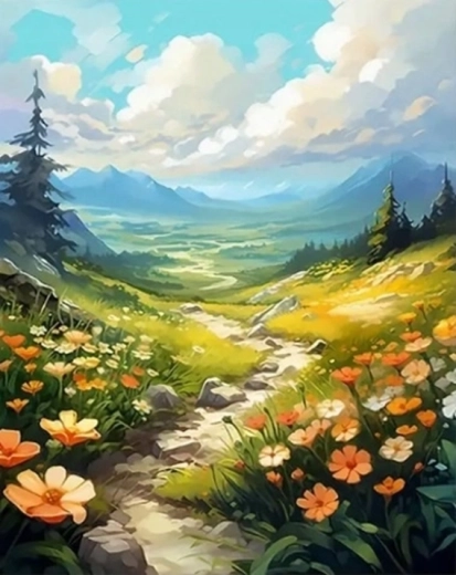 Pictură cu diamante Cărare montană înflorită 30 × 40 cm